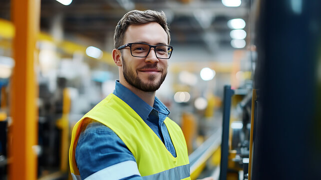 Friendly factory worker in safety vest and glasses, smiling confidently in a manufacturing plant.