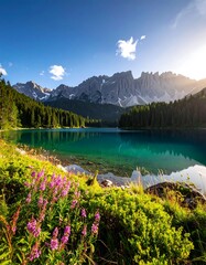 Alpine lake landscape at sunrise