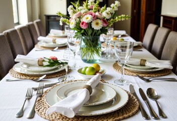 Elegant table setting with fresh floral centerpiece and neatly arranged dinnerware for a formal dining experience