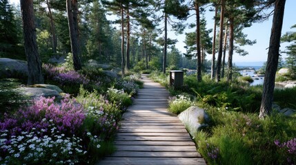 Obraz premium Wooden Path Through Sunlit Forest with Lush Vegetation and Distant Shoreline Under Clear Sky Landscape Photography