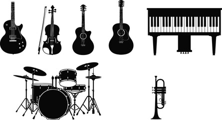 Music instrument silhouettes &mdash; guitar, piano, drums, violin, trumpet &mdash; band ensemble icons for concert, school, or studio design on white background.
