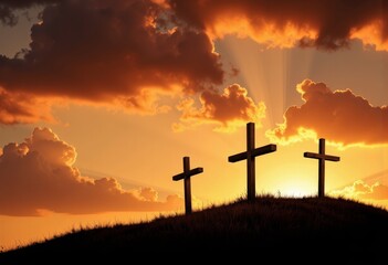 Three Crosses Silhouetted Against a Dramatic Sunset Sky with Golden Clouds Creating a Serene and Contemplative Atmosphere over a Peaceful Landscape