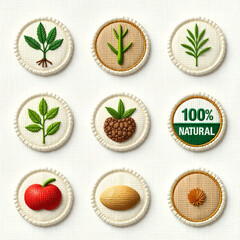 Icon set of organic cosmetic line featuring locally grown herbs, displayed with a magnifying glass over a leaf, editable stroke, eco-friendly label, sustainable practices symbol, 100% natural organic 