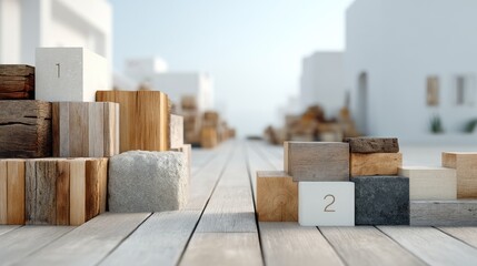 Wooden Blocks Displaying Numbers on Bright Wooden Surface with Blurry White Building Background