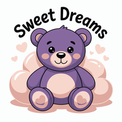 Adorable purple teddy bear sitting on soft clouds with sweet dreams text for nursery decor illustration
