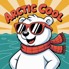 polar bear with sunglasses, arctic cool typography style, red scarf, ocean sunrise background, trendy winter mascot vector