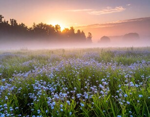 Naklejka premium Ethereal morning mist scene featuring a field of delicate, light blue Forget-Me-Nots (Myosotis), partially obscured by a thick, creeping ground fog.