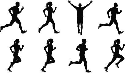 Silhouette runners in motion — male and female athletes sprinting, celebrating victory, dynamic fitness icons, isolated on white background for sports design.