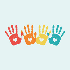 Obraz premium Colorful handprints with hearts symbolizing love unity and childhood fun on pastel background illustration