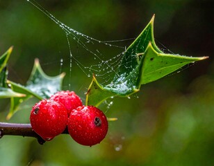 High-contrast detail shot of the serrated edge of a Holly leaf, with several bright red Holly berries glistening from a recent rain.