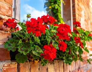 Geranium plant with clusters of bright red flowers and distinctive patterned leaves, growing in a window box on an old brick wall