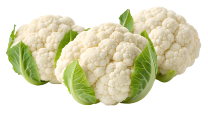 Three Fresh Cauliflower Heads Isolated on Black Background for Healthy Eating and Plant Based Diet Concepts