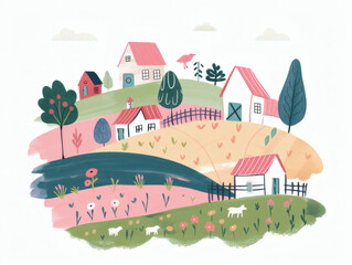 Rustic village farm drawing in color sketch, AI generated