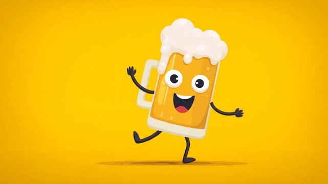 Animated beer mug character on yellow background for beverage theme