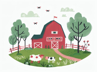 Rustic village farm drawing in color sketch, AI generated