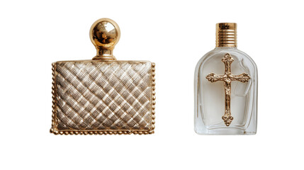 Luxury Perfume Bottles with Golden Accents and Cross Design on white background
