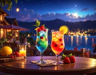 Colorful cocktails by the lake at night