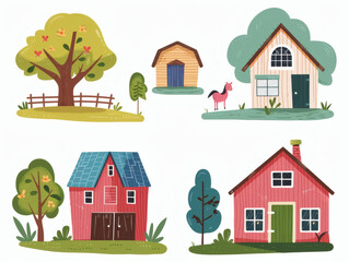 Rustic village farm drawing in color sketch, AI generated