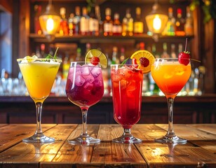 Colorful cocktails on a bar top