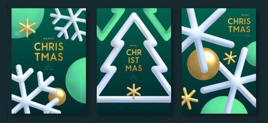 Set of Merry Christmas and New Year covers, posters or greeting cards with 3d plastic and metallic snowflakes on green background. Vector illustration