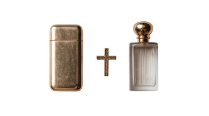 Golden Lighter, Cross, and Perfume Bottle Set on white background