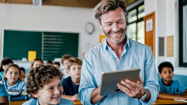 Teacher with tablet engages smiling class, modern learning energy for edtech demos, school admissions, and positive community storytelling.