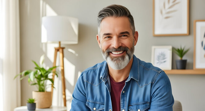 Happy mature man with gray beard and stylish haircut smiling confidently in modern home interior with plants and artwork in the background