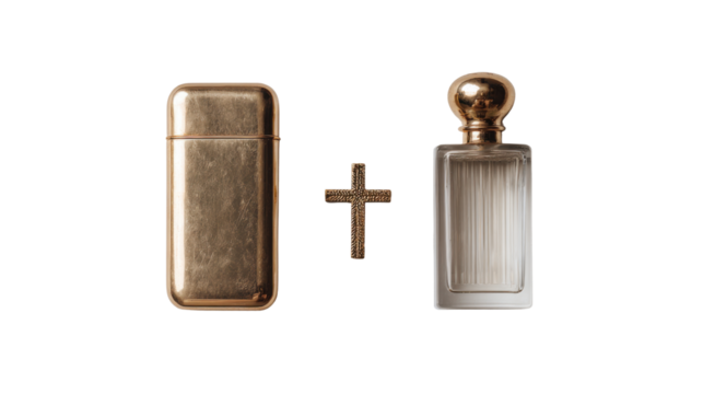 Golden Lighter, Cross, and Perfume Bottle Set on white background