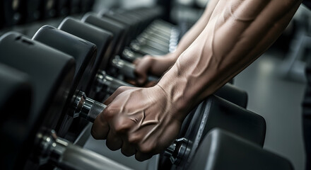 Close-up of muscular man's hands gripping dumbbells during workout in gym fitness training session for strength building and muscle toning health