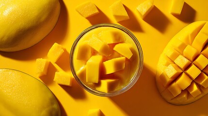 Fresh mango fruit cubes in glass bowl with yellow background for healthy eating and summer dessert ideas