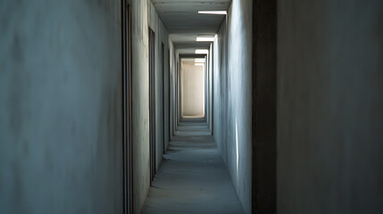 An endless, austere concrete corridor stretches into the distance, illuminated by soft light. A series of doorways line the sides, creating a sense of mystery.