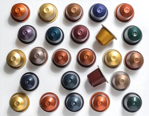Colorful coffee pods arranged in a grid pattern on a white background