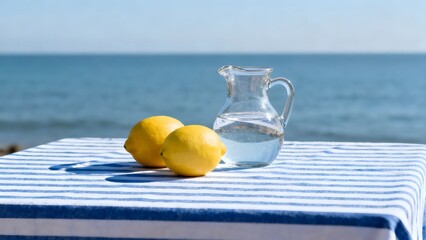 Lemons and water jug on seaside table
