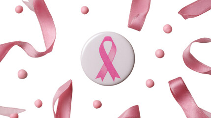 Pink Ribbon Badge with Decorative Ribbons and Beads on white background