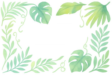 Obraz premium Tropical watercolor leaves frame, botanical border, green jungle foliage creating natural decorative space for design