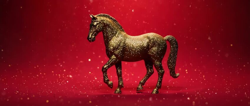 Golden Particle Horse Galloping for Chinese New Year Greeting. Perfect for Lunar New Year greetings, event intros, or holiday backgrounds.