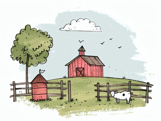 Rustic village farm drawing in color sketch, AI generated