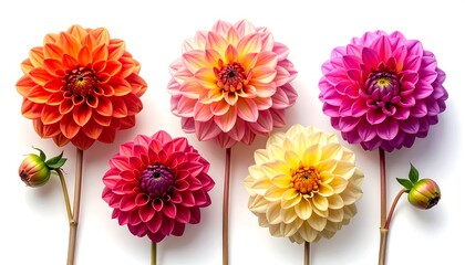 Colorful dahlia blossoms on white