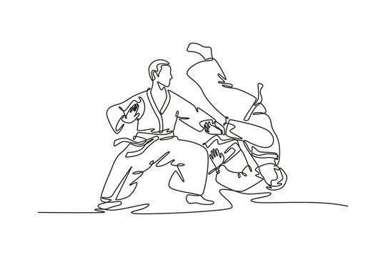 Continuous one line drawing dynamic Aikido throw, with one male figure controlling his partner's momentum as he executes breakfall, fluid control. Single line draw design vector graphic illustration