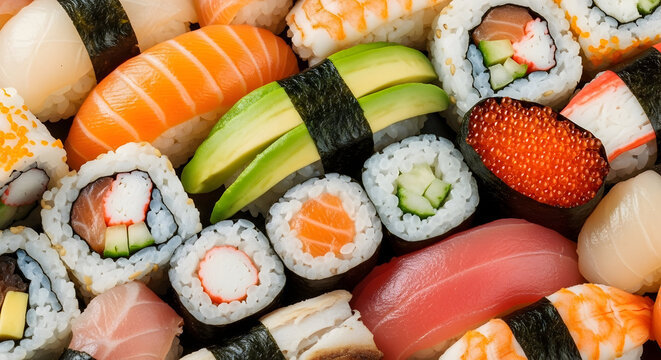 Assorted Sushi Platter Featuring Fresh Fish Vegetables and Rice Delicious Japanese Cuisine for Food Lovers and Culinary Enthusiasts