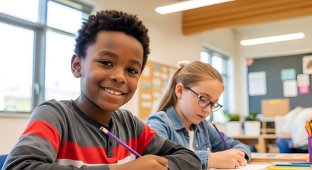 Happy diverse school children studying and doing homework in classroom with bright natural light and educational materials for learning and education