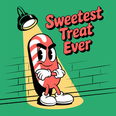 Candy cane mascot, spotlight scene, sweetest treat ever vibe, retro cartoon sneakers, holiday dessert poster, vector illustration