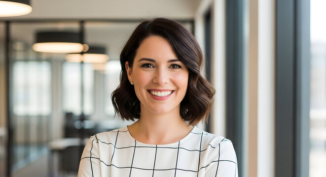 Professional young woman smiling confidently in modern office environment with large windows and natural light for corporate business and workplace themes