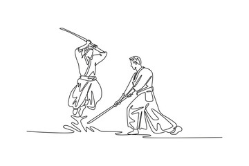 Single continuous line drawing two men in weapon drill, one figure attacking while airborne with sword, the other countering from low, grounded stance. One line draw graphic design vector illustration