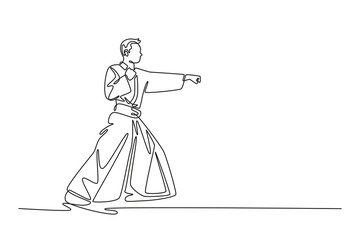 Single one line drawing man in traditional uniform in low stance, delivering focused punch, disciplined power and readiness of aikido posture. Continuous line draw design graphic vector illustration