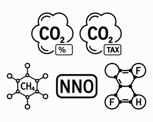 Visual Representation of Greenhouse Gases and Pollutants Depicting Environmental Impact on Climate Change and Air Quality Featuring Molecular Diagrams and Symbolic Representations