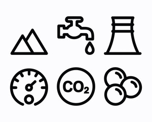 Environmental Awareness Icons Depicting Climate Change and Sustainability Indicators Including Mountains, Water Conservation, Industrial Emissions, and Carbon Dioxide Reduction Strategies