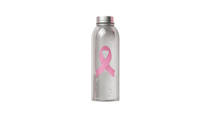 Clear Water Bottle with Pink Ribbon on white background