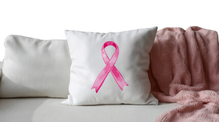 Pink Breast Cancer Awareness Ribbon on White Pillow with Cozy Sofa and Blanket