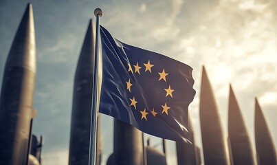 Official flag of the Europian Union in front of fired cruise missile weapons. Generative With Ai